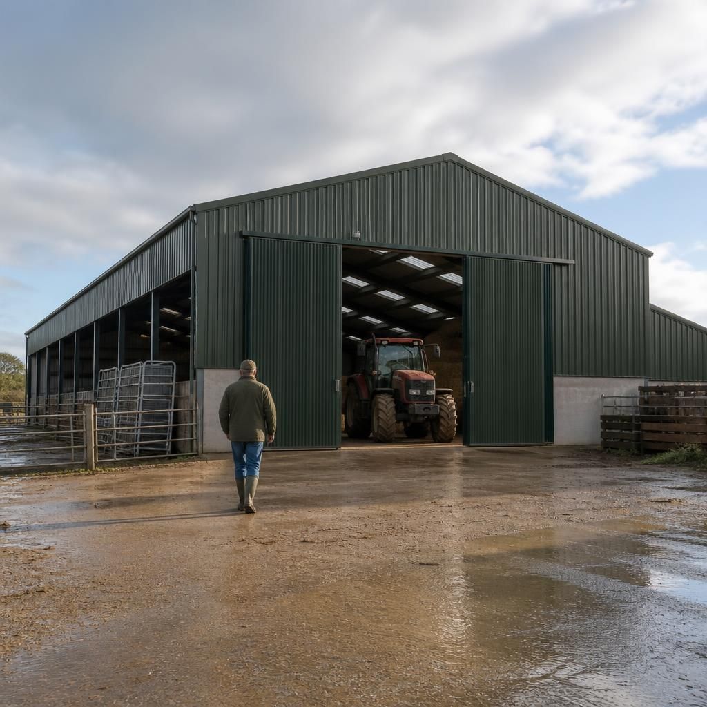 Steel-framed agricultural shed with open doors on a working farm