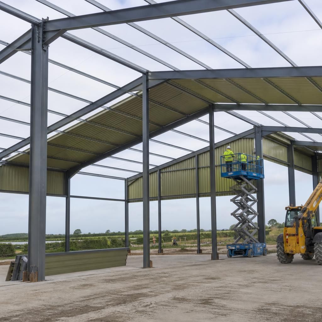 Steel-framed agricultural shed with partially installed roof and wall cladding