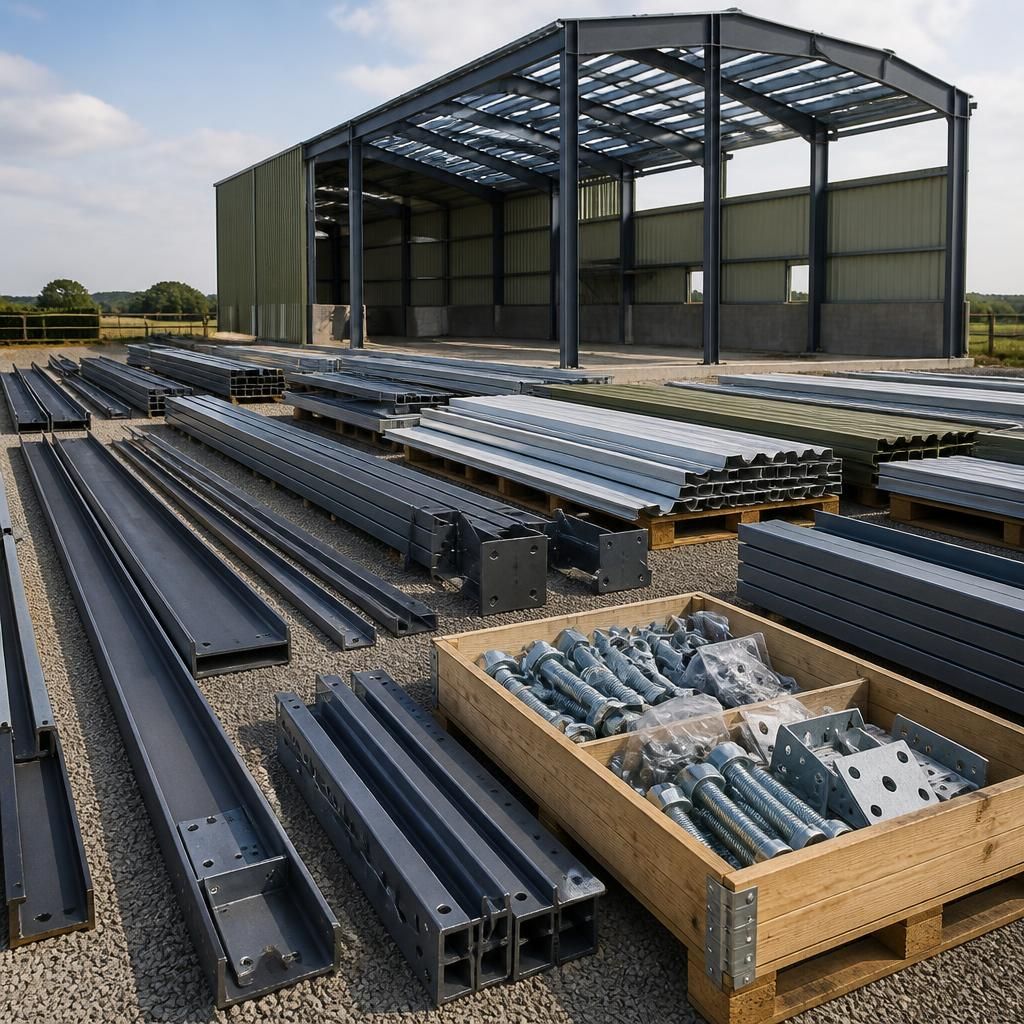 Agricultural shed kit with steel frame members, purlins, fixings and cladding components