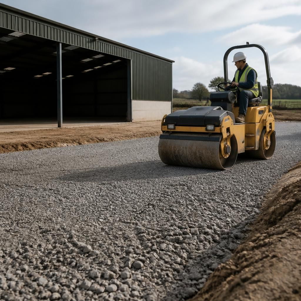 Compacted stone sub-base being prepared for an agricultural shed floor