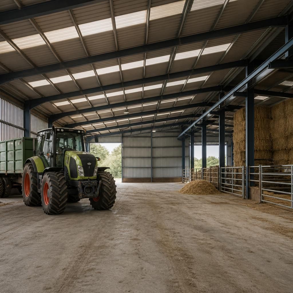 Agricultural steel shed interior with a tractor, hay bales and open storage bays