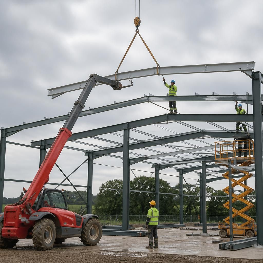 Steel roof rafters being lifted into position on an agricultural storage shed