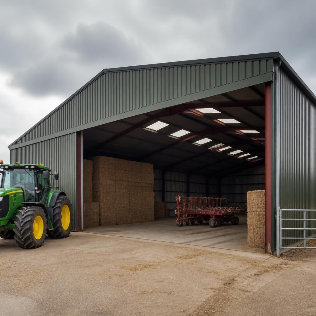 Steel-framed agricultural storage shed with wide access doors and corrugated cladding
