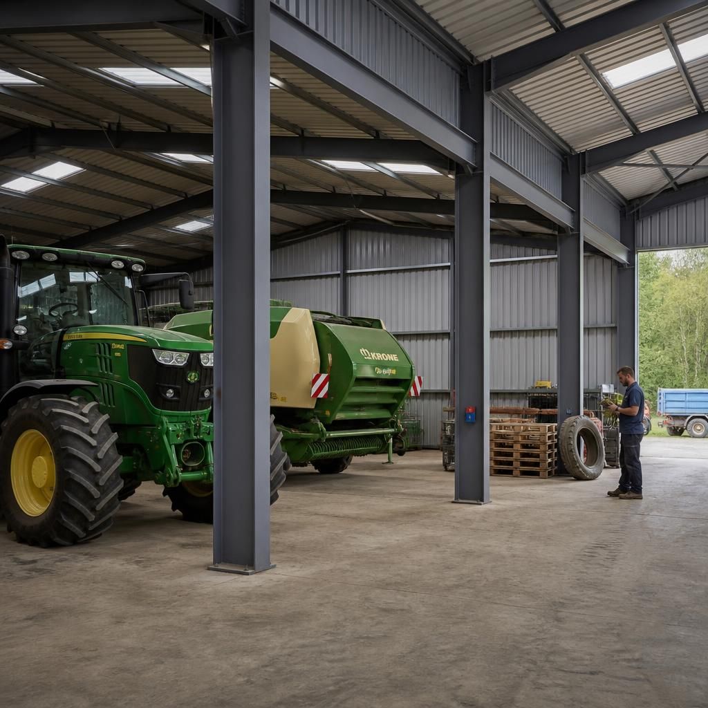 Steel storage shed with machinery arranged between structural bays