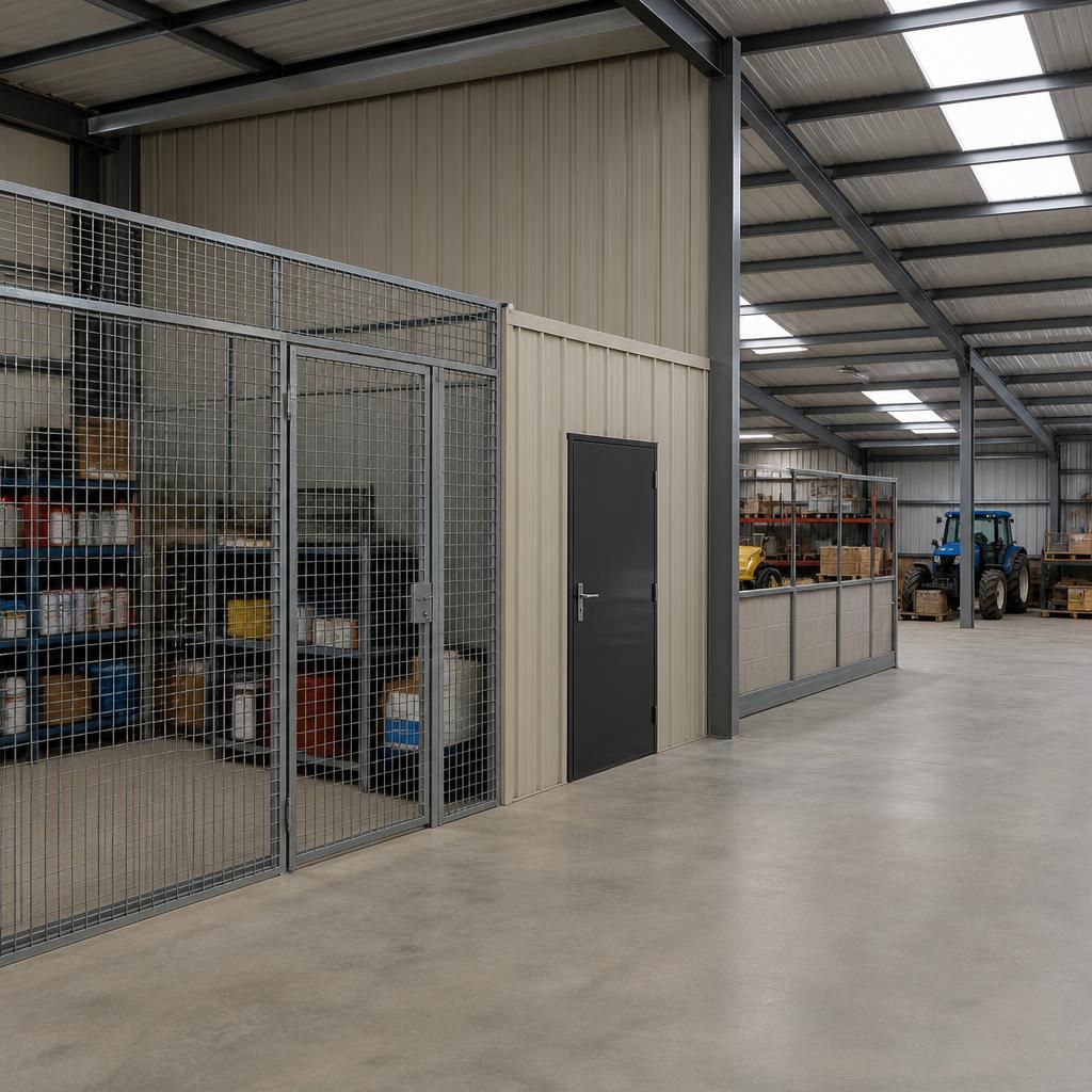 Steel storage shed interior with separate areas formed by mesh and solid partitions