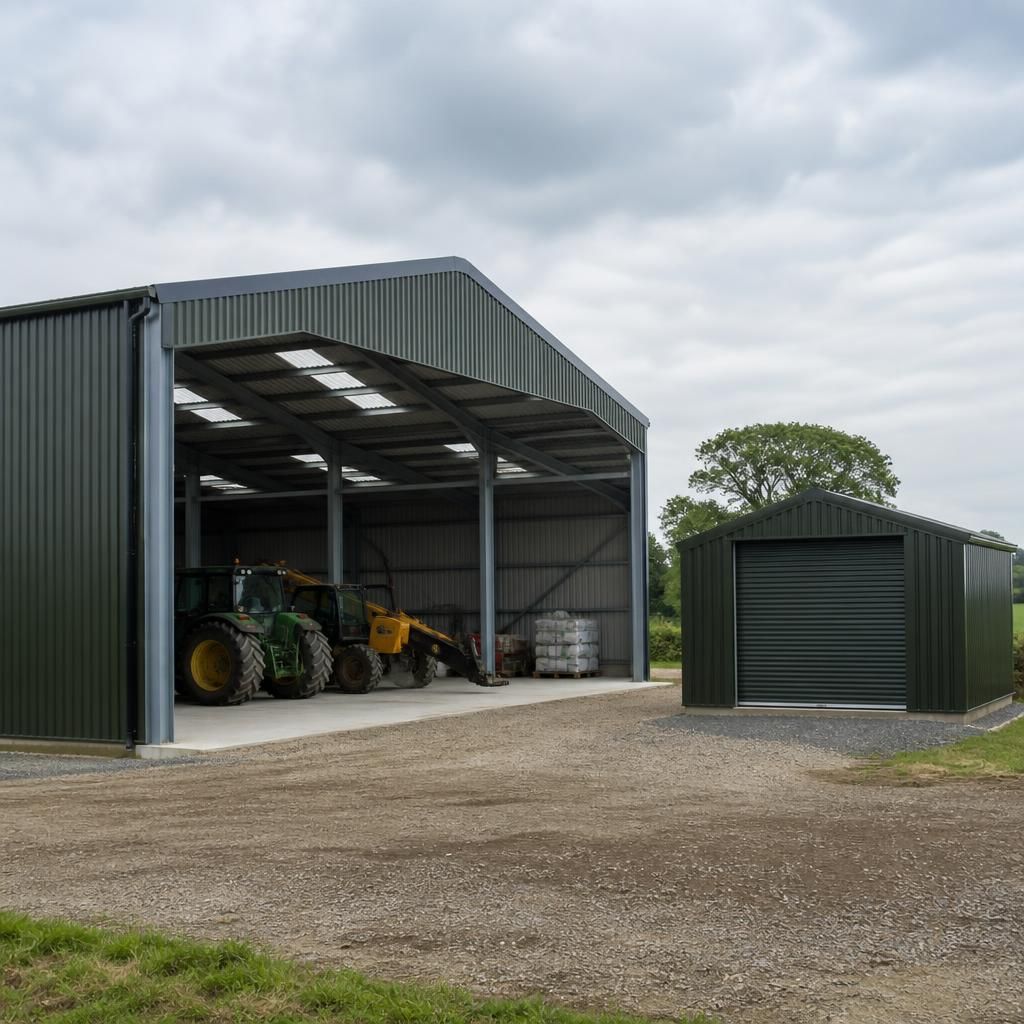 Steel frame storage shed beside a smaller metal shed