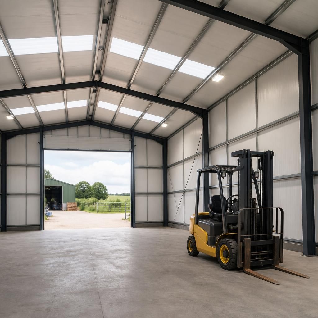 Steel frame storage shed with insulated wall panels and roof lining