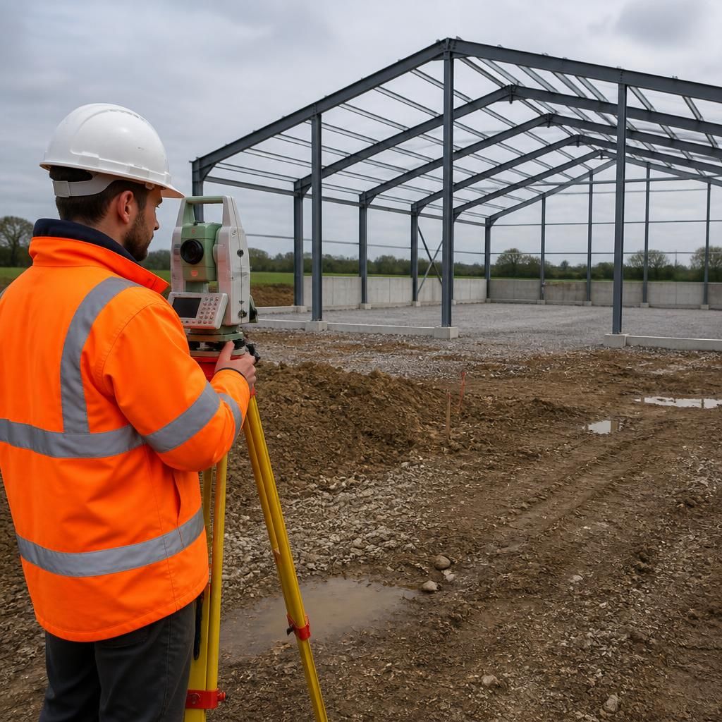 Surveyor measuring ground levels beside a proposed steel frame storage shed