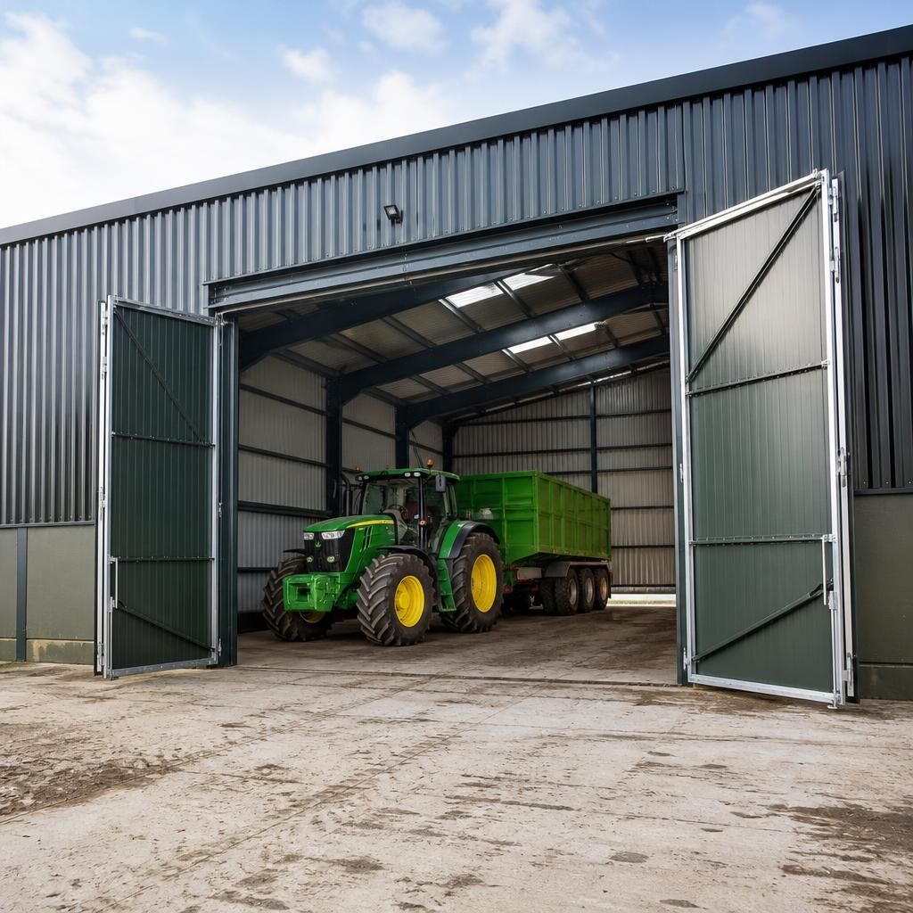 Agricultural storage shed with a wide sliding door and steel frame