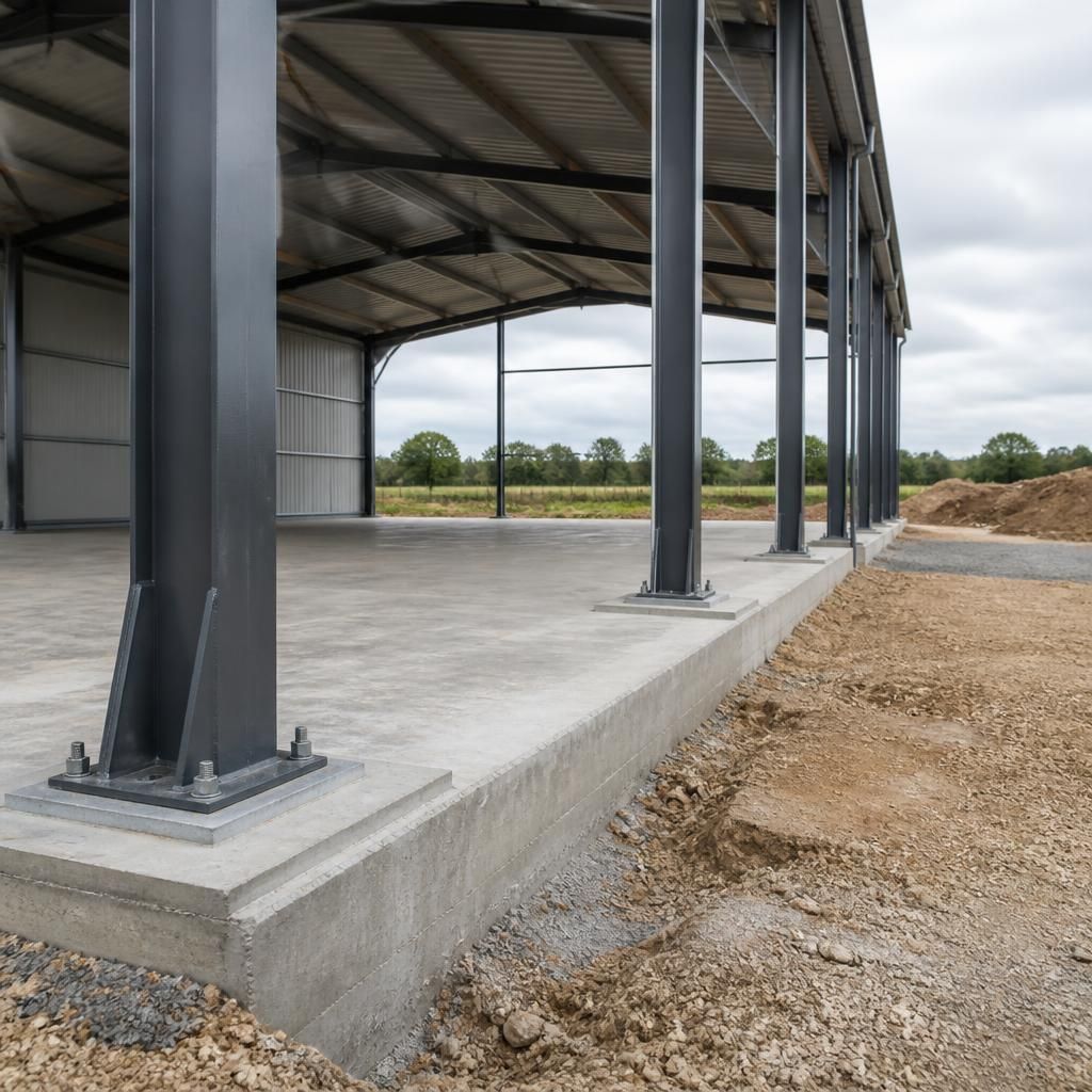 Reinforced concrete base with steel frame column supports under an agricultural storage shed
