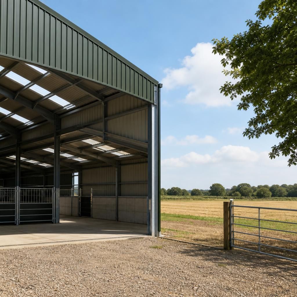 Steel-framed agricultural building with open ground beyond one gable end