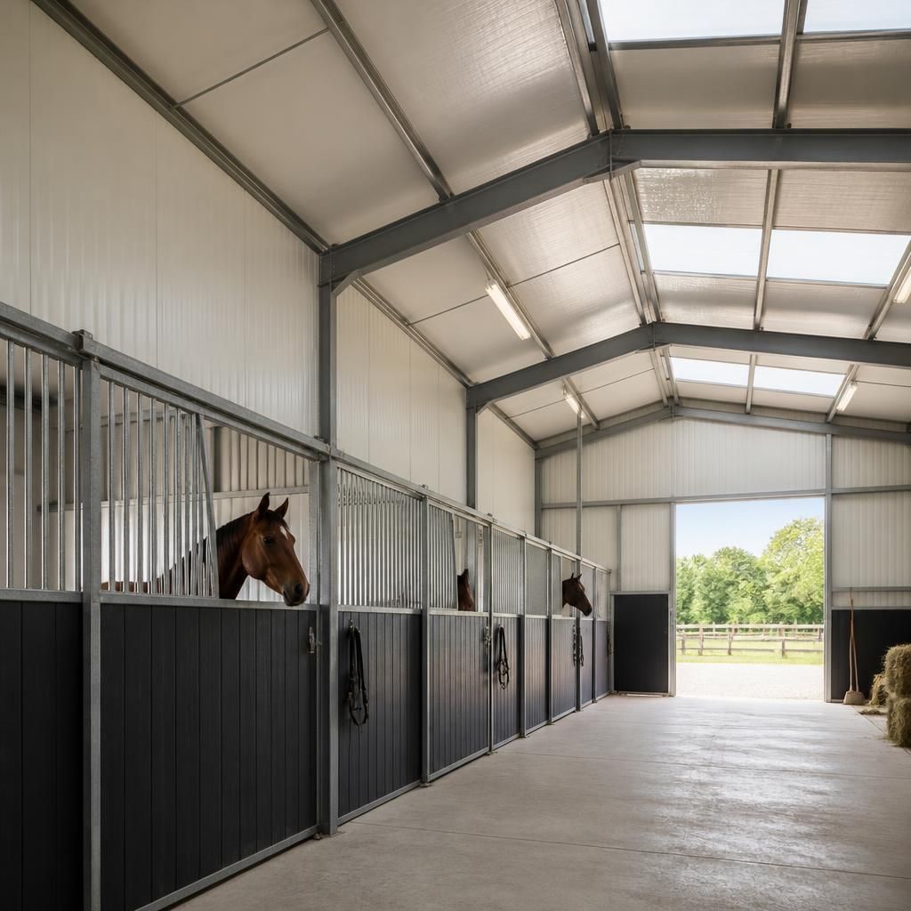 Steel-framed stable with insulated wall panels, roof lining and ventilation openings