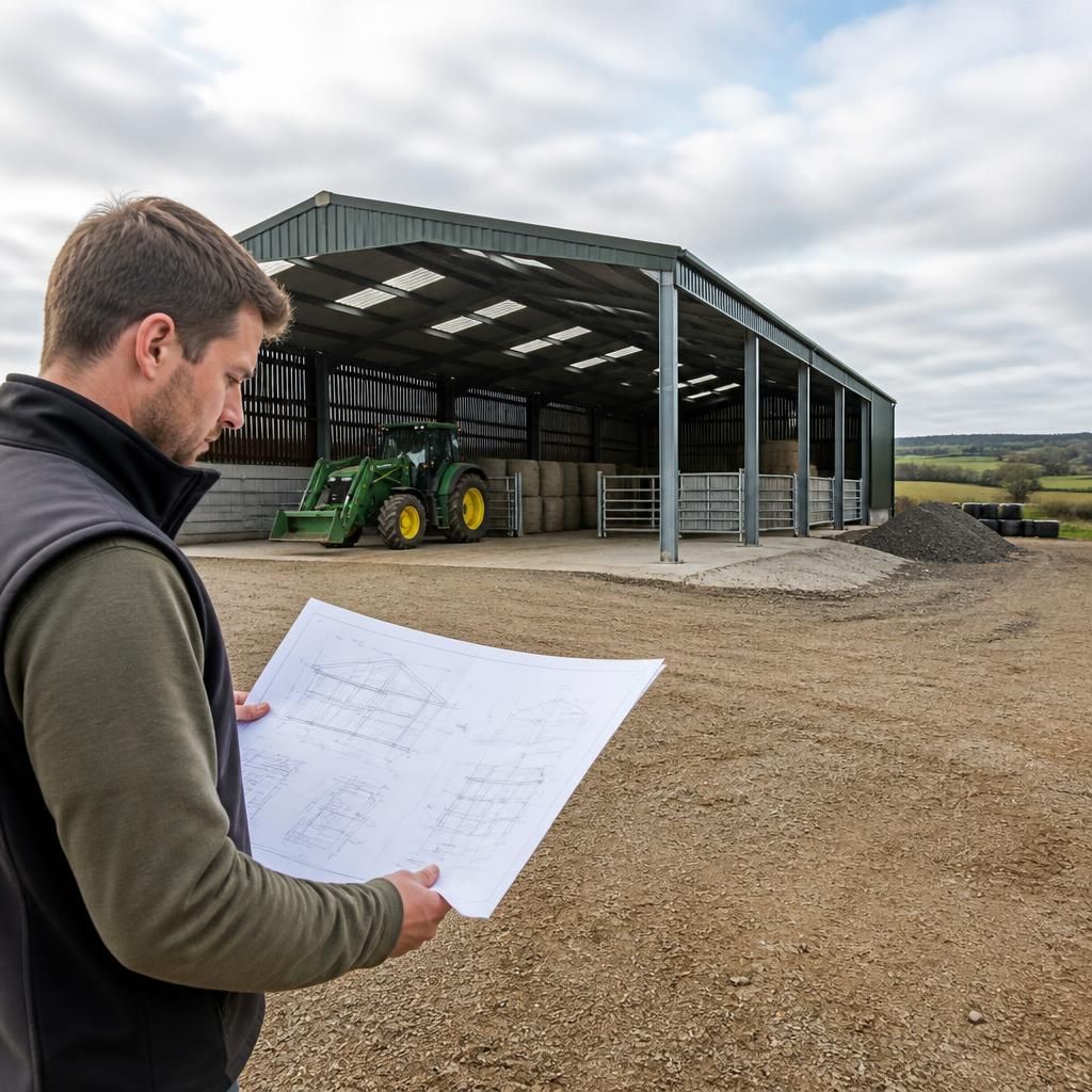 Steel-framed agricultural building beside fields and farm machinery