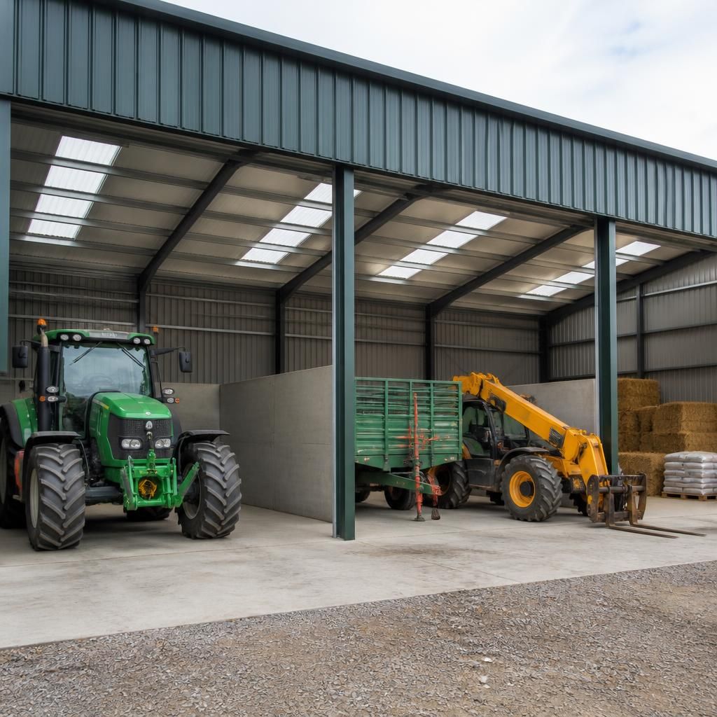Dutch barn shed with machinery arranged in separate storage bays