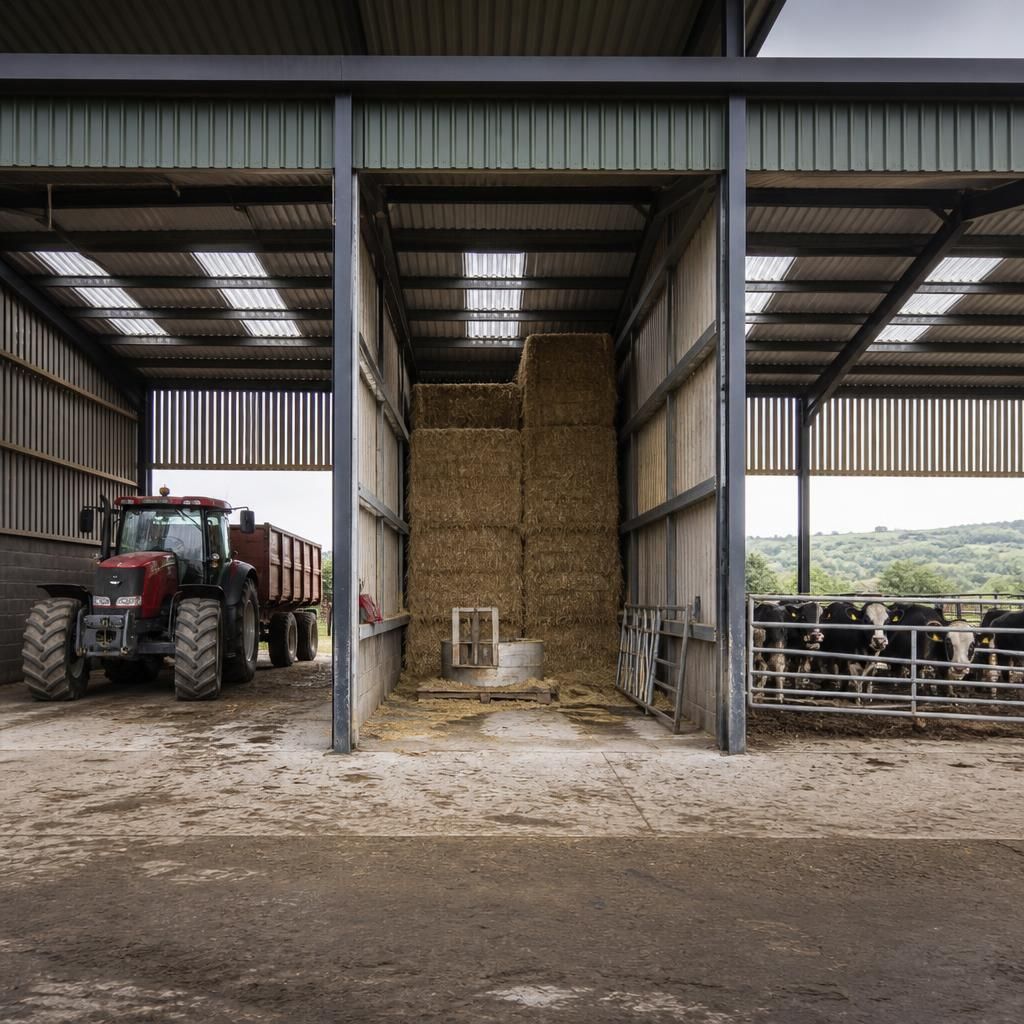 Dutch barn shed with separate bays for machinery, livestock and agricultural storage
