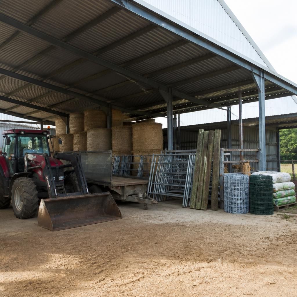 Farm machinery, hay bales and fencing supplies stored beneath a Dutch barn roof