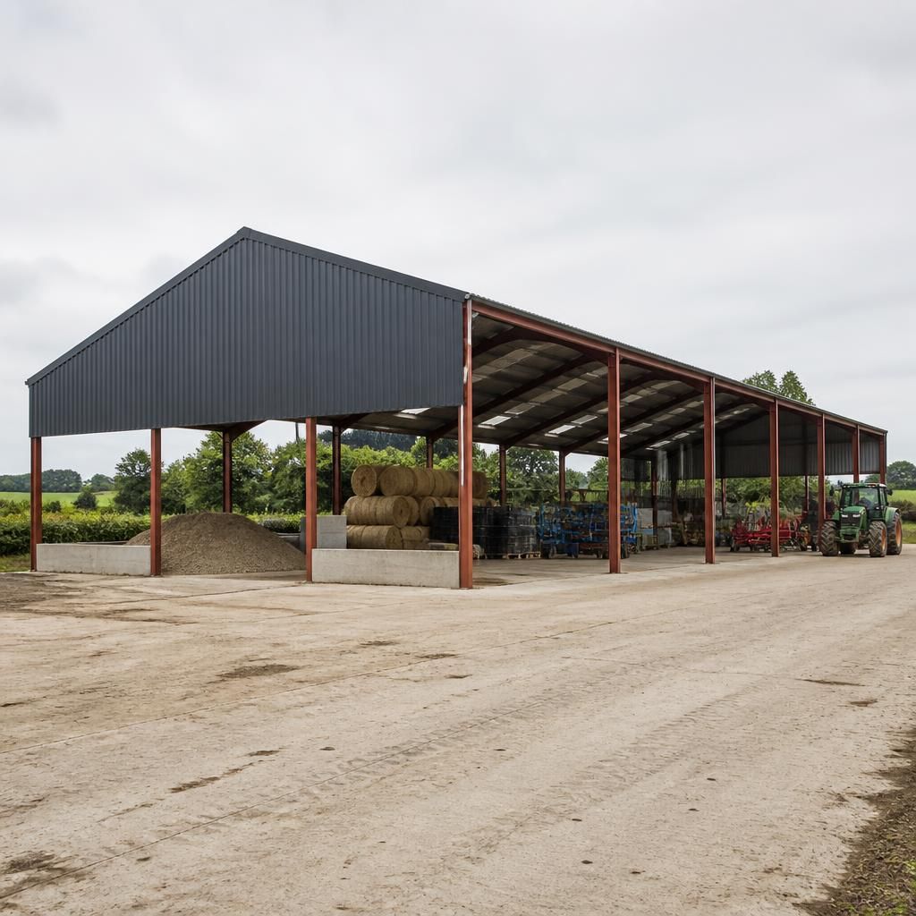 Dutch barn shed on a firm, level agricultural yard with open access around the steel frame