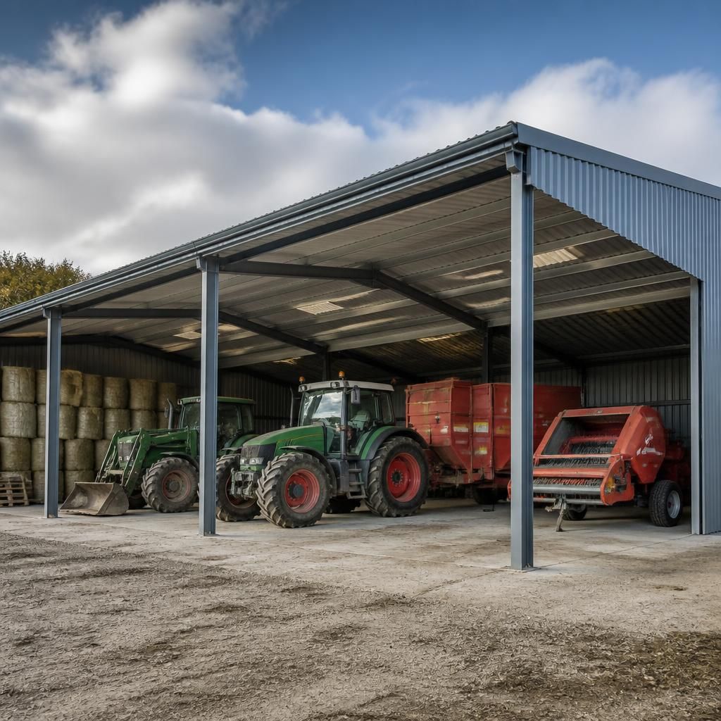 Open-sided steel Dutch barn sheltering tractors and farm machinery