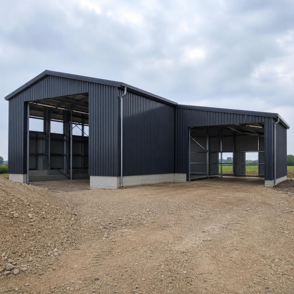 Dutch barn showing a side extension joined to the original steel frame