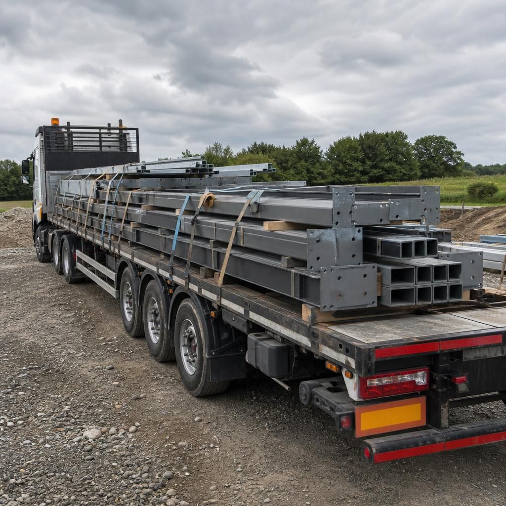 Steel frame components secured on a flatbed vehicle ready for delivery to a construction site