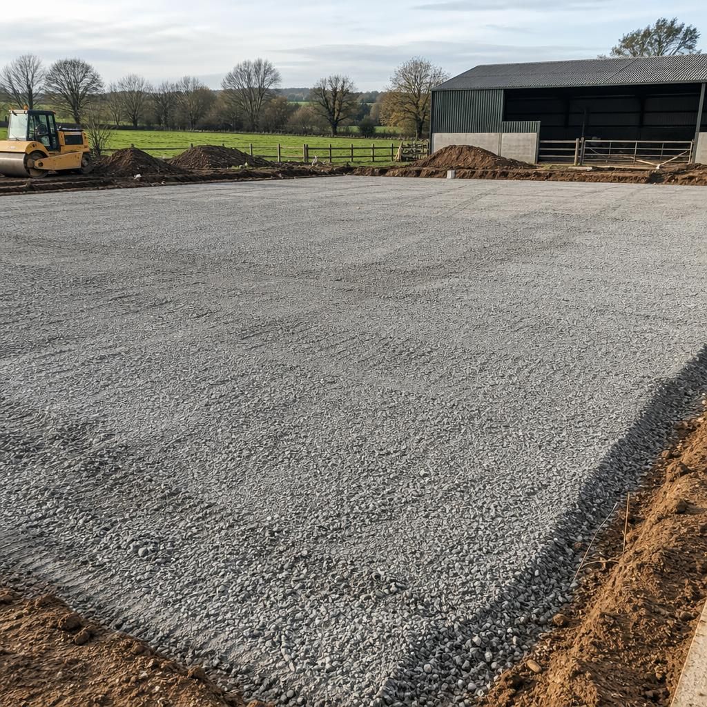Compacted stone formation prepared for a steel-framed agricultural building