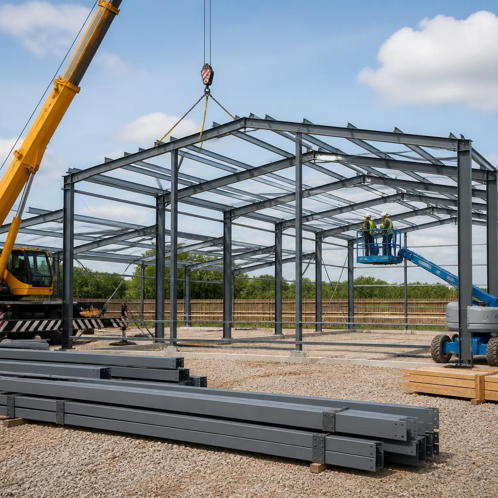 Steel frame of a Dutch barn being assembled on site