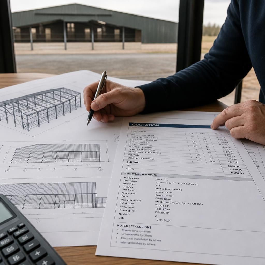 Dutch barn quotation showing steel frame drawings, specification details and itemised costs