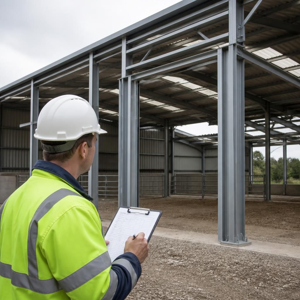 Galvanised steel frame with coated connections and base plates in an agricultural building