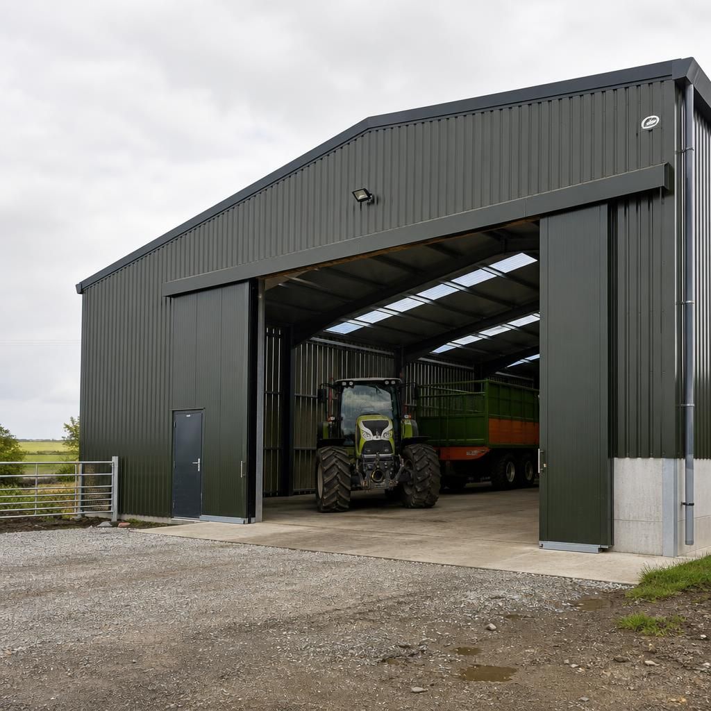 Steel Dutch barn with a wide sliding door opening and framed side access