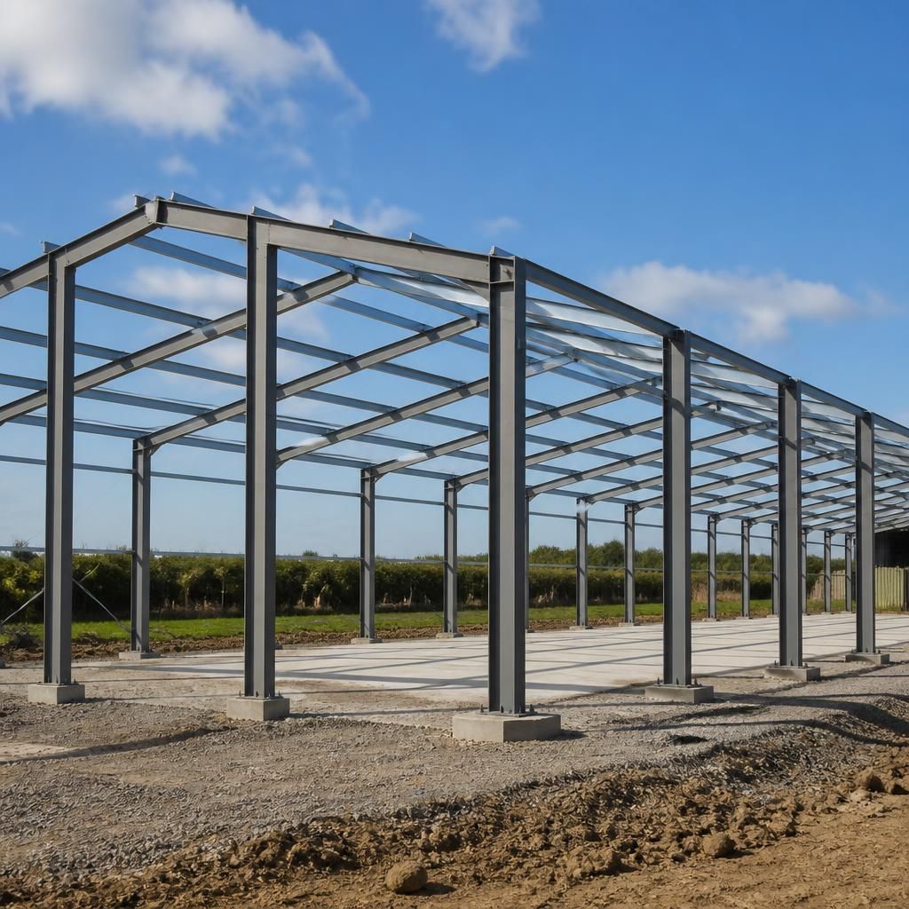 Steel Dutch barn frame with aligned columns and roof connections at the gable end
