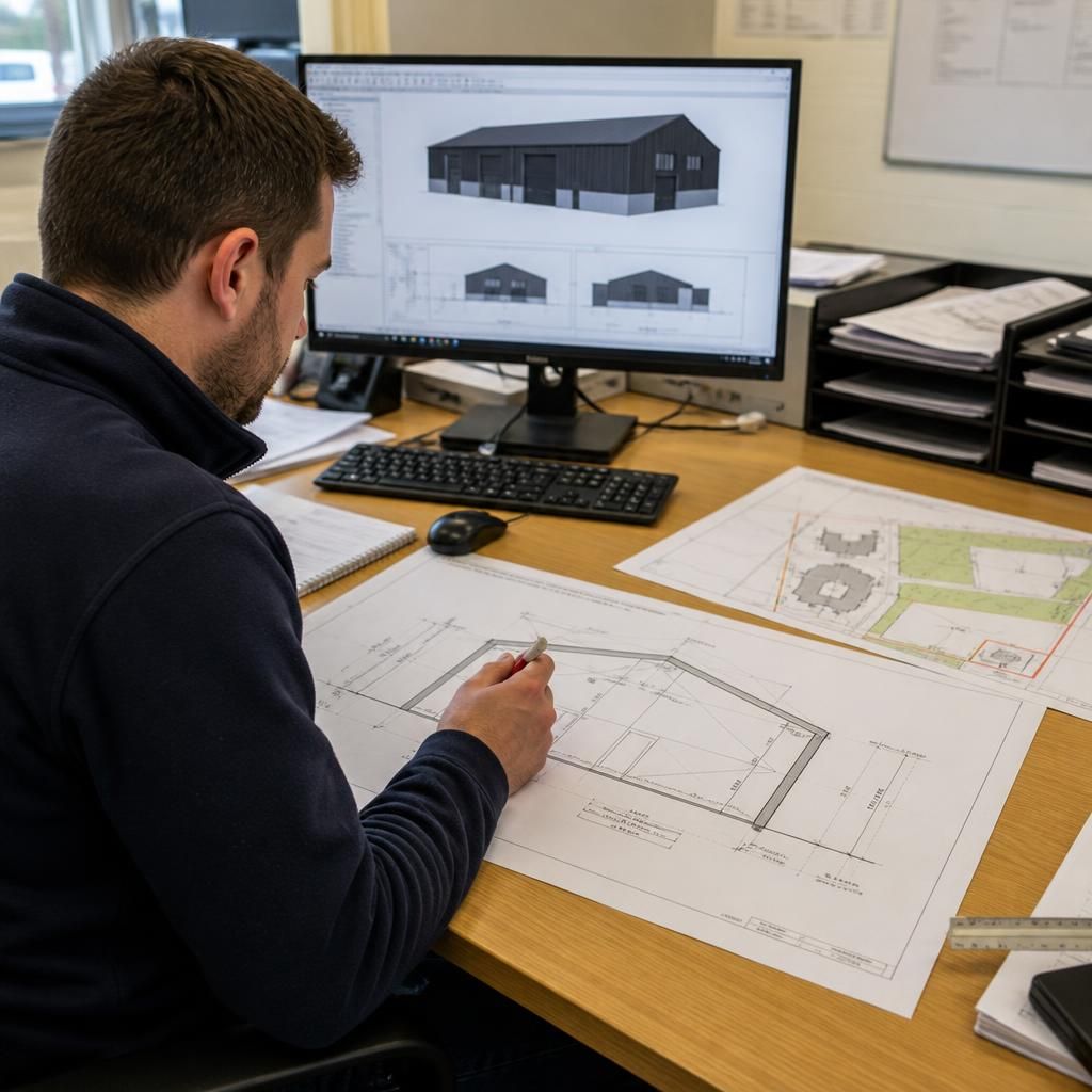 Architect reviewing a steel Dutch barn quotation drawing beside a site plan
