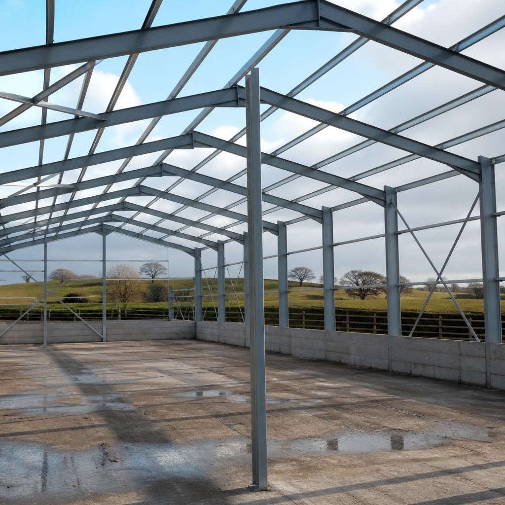 Steel Dutch barn frame showing roof trusses, columns and cross-bracing