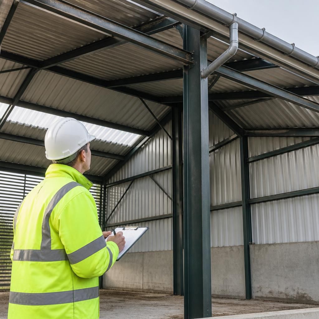 Worker inspecting the steel frame, roof sheets and guttering inside a Dutch barn