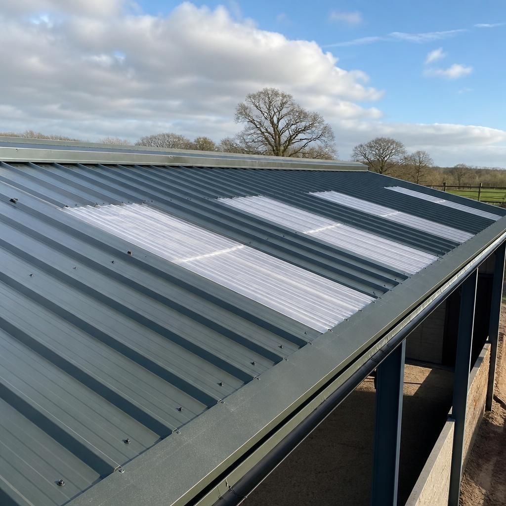 Profiled metal roof sheets and translucent rooflight panels on a steel framed barn