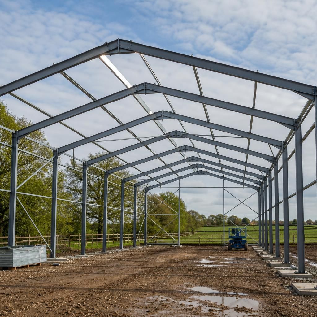 Steel Dutch barn frame showing columns, rafters and bracing during construction