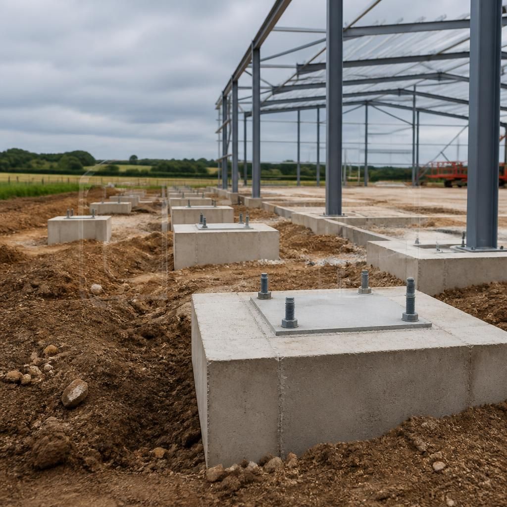 Concrete column bases with holding-down bolts prepared for a steel Dutch barn frame
