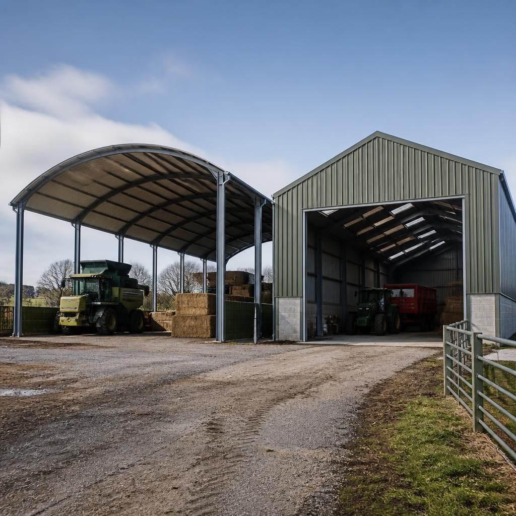 Curved-roof Dutch barn beside a pitched-roof portal frame barn