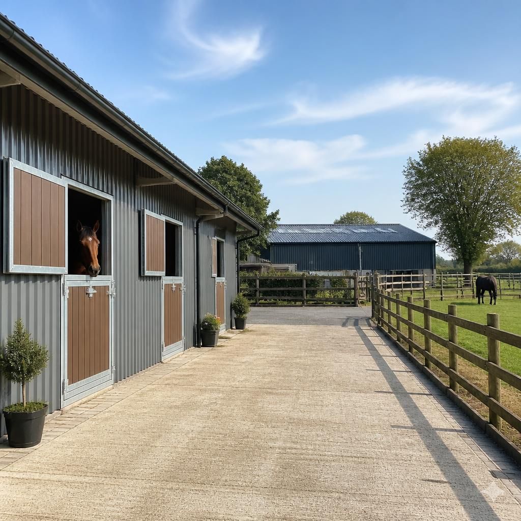 Steel-framed stable building with external doors beside a paddock