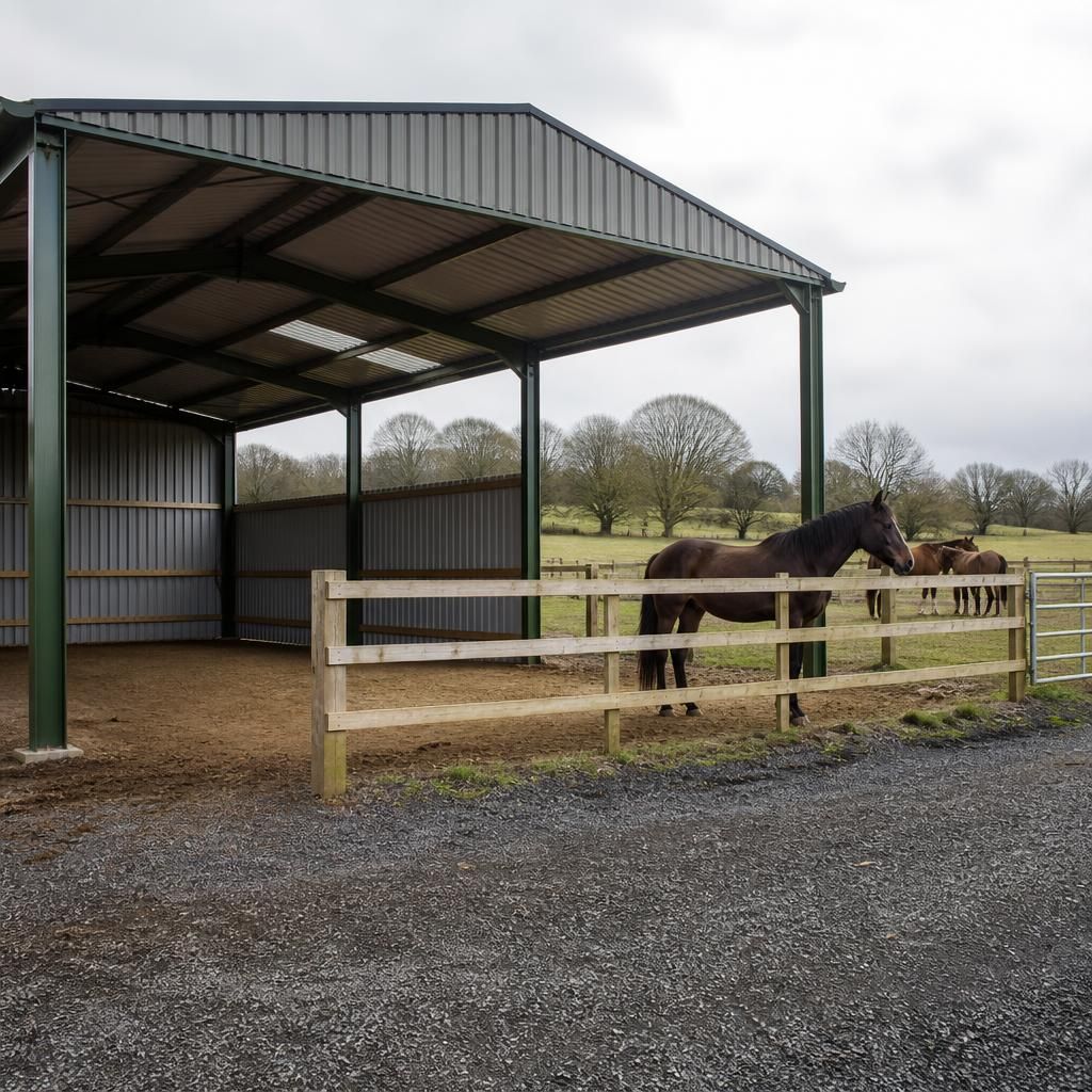 Open-sided steel shelter with horses standing beside a paddock