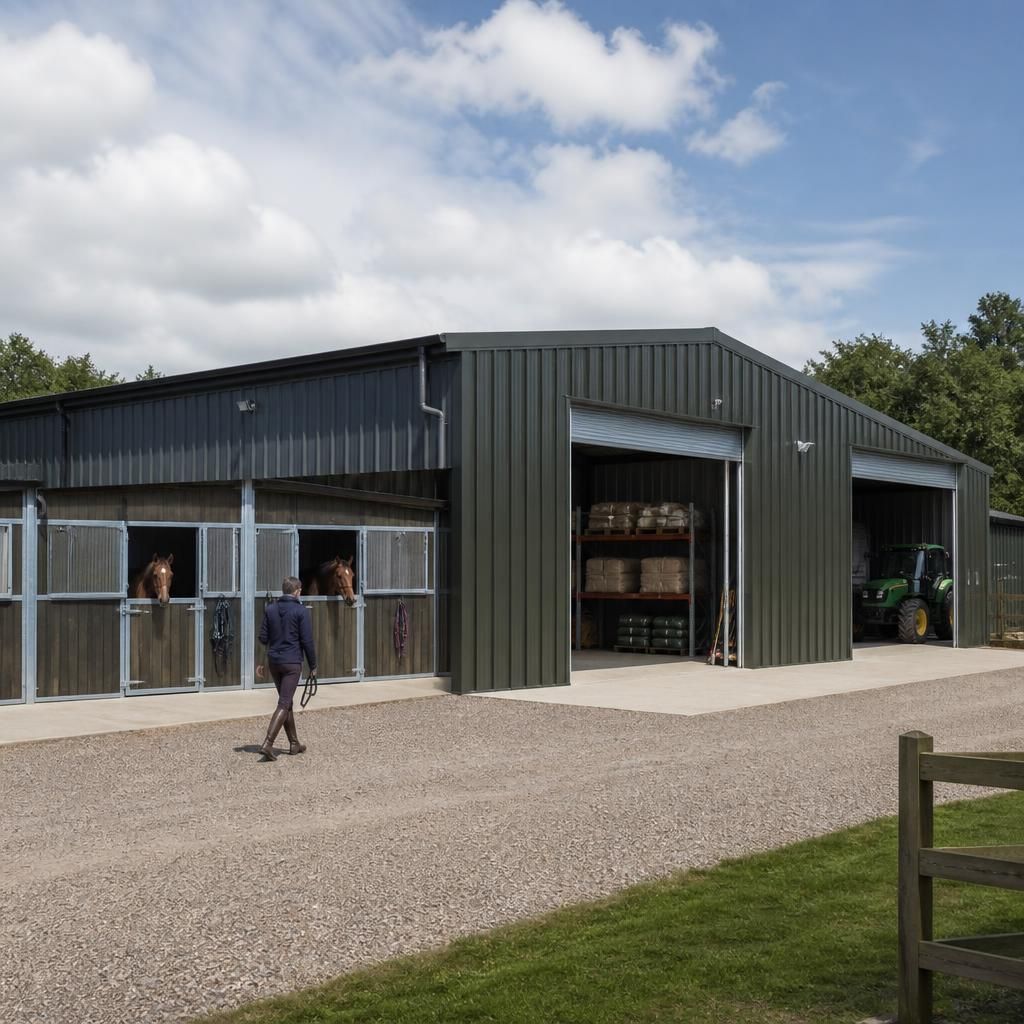 Steel-framed equestrian barn with stables, storage bays and wide access doors
