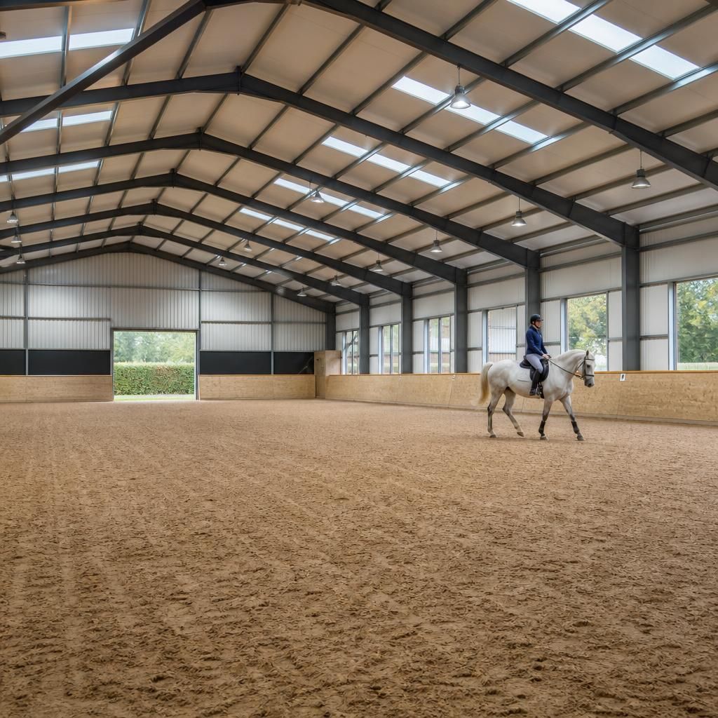 Interior of an enclosed equestrian arena with a riding surface and clear-span steel frame