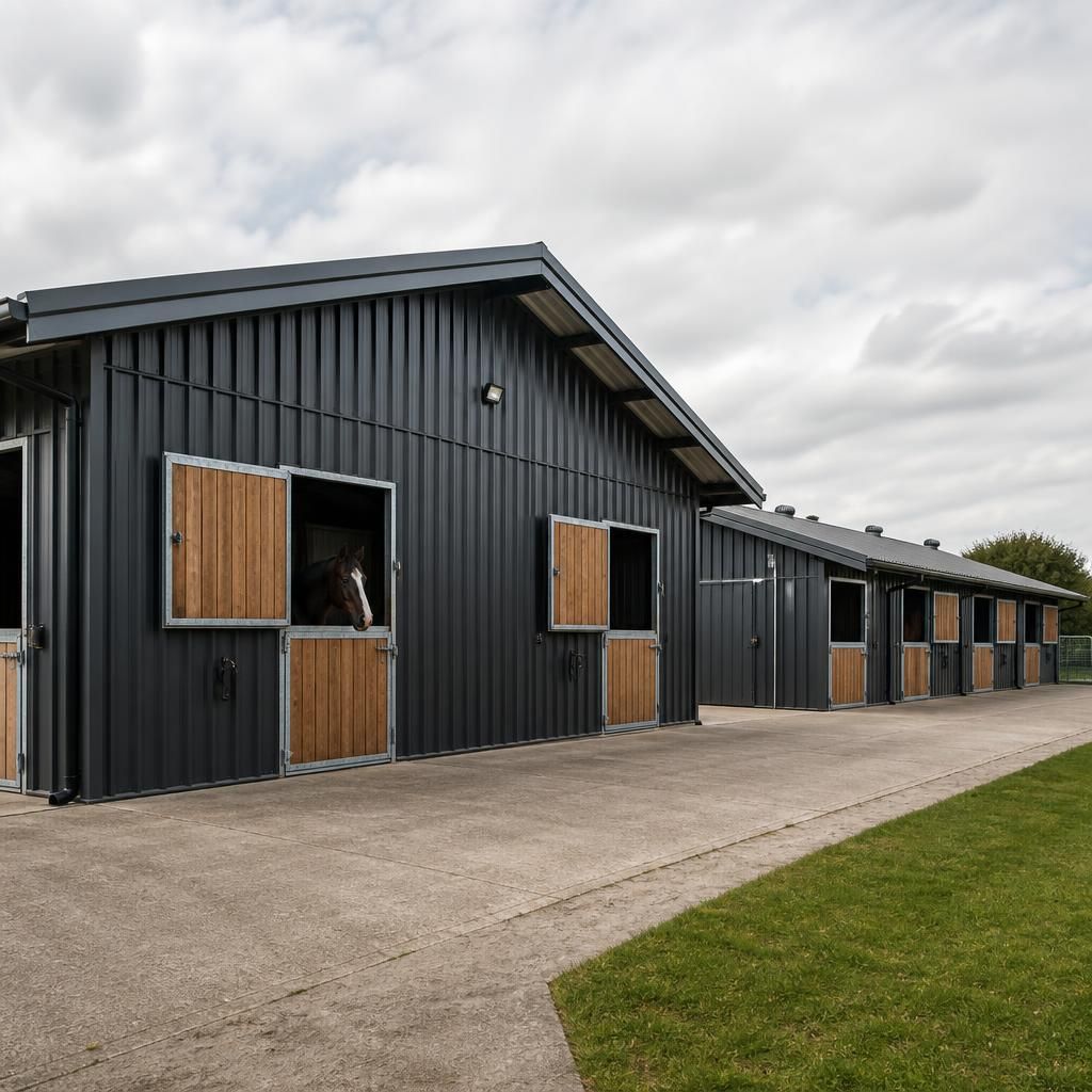 Steel-framed equestrian building with adjoining stable extension and yard access