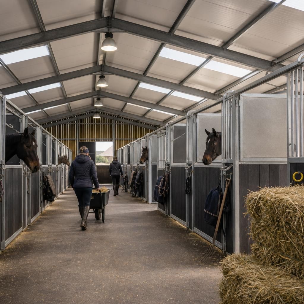 Enclosed steel stable barn with loose boxes and a central aisle