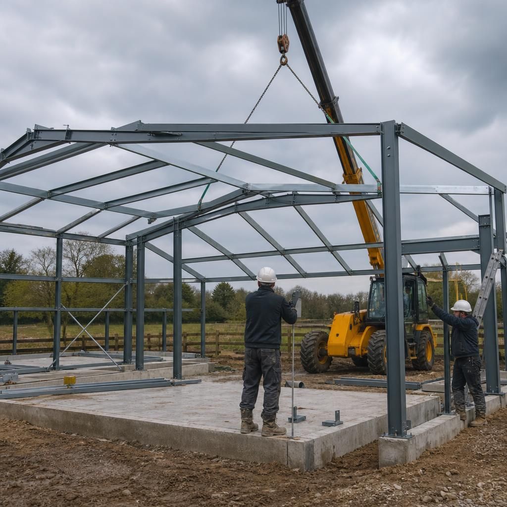 Workers assembling a steel frame for a stable building on prepared concrete foundations