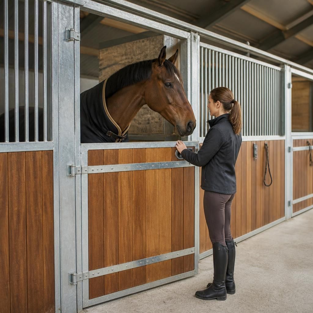 Steel stable door with upper and lower leaves set within a framed stable wall