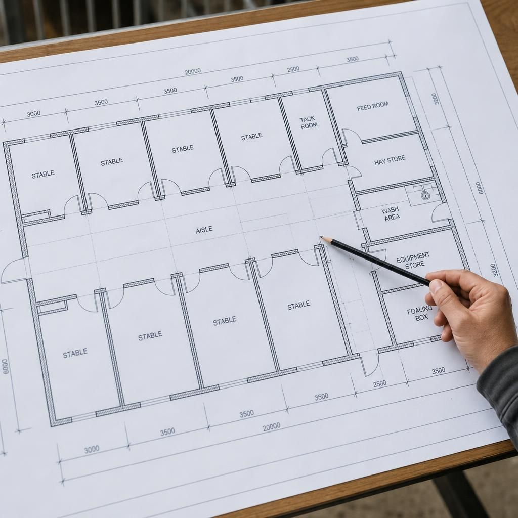 Dimensioned stable floor plan showing horse stalls, aisle, storage rooms and access doors