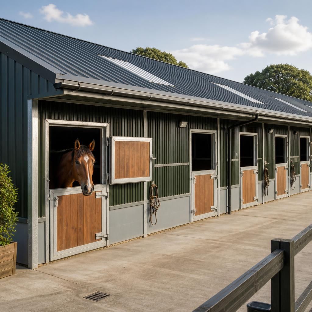 Horse stable with profiled metal roof, wall cladding and rooflights