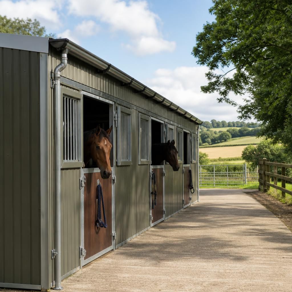 Steel-framed temporary stable building beside an agricultural field