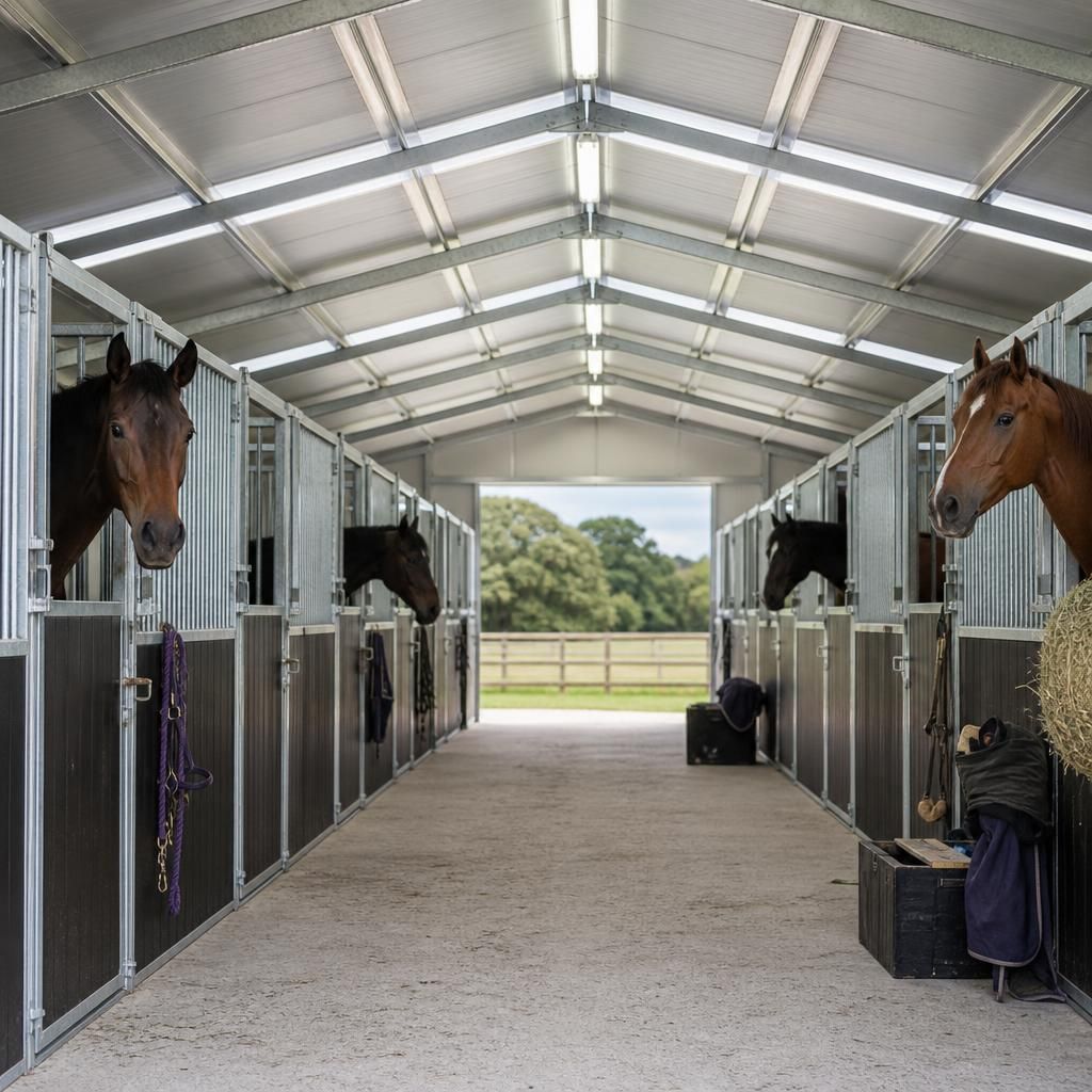 Temporary stable building with individual horse boxes and a central access aisle