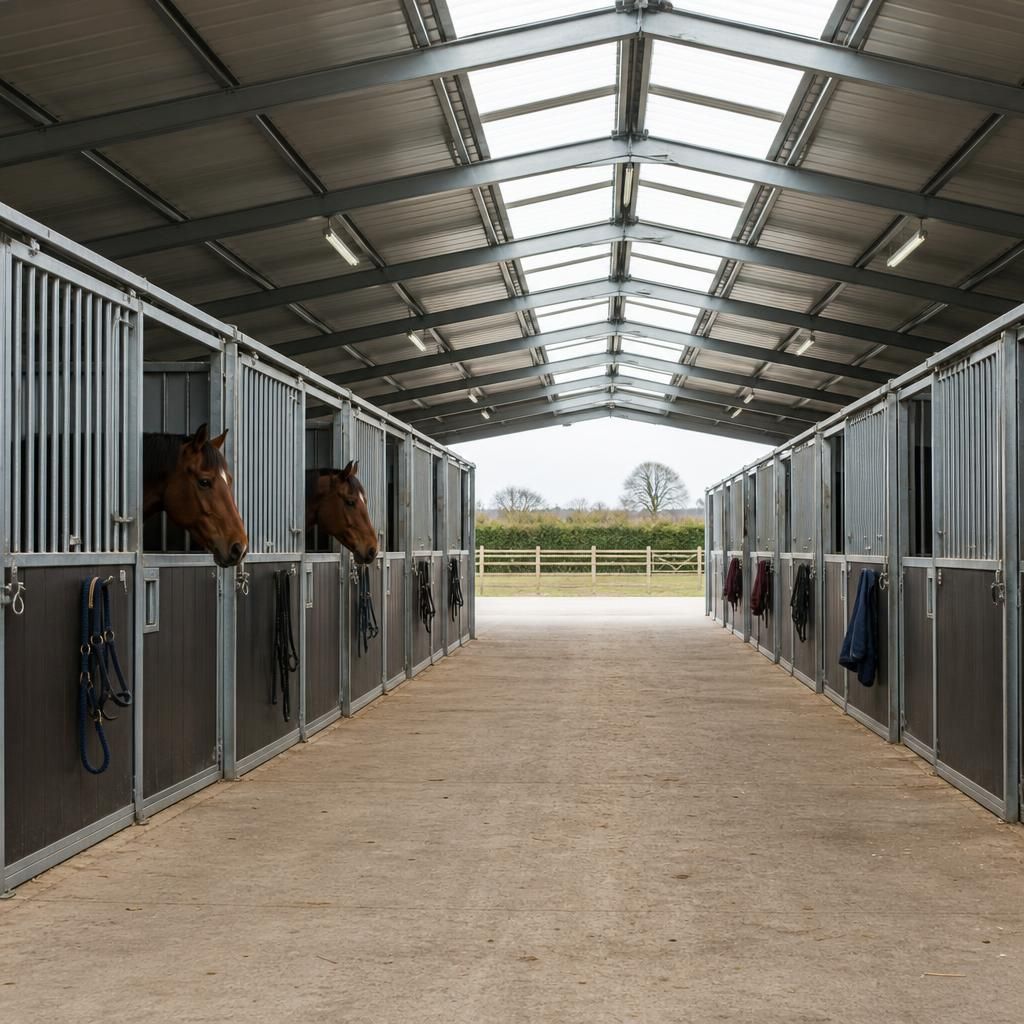 Modular temporary stable block with open-front bays and a covered central aisle